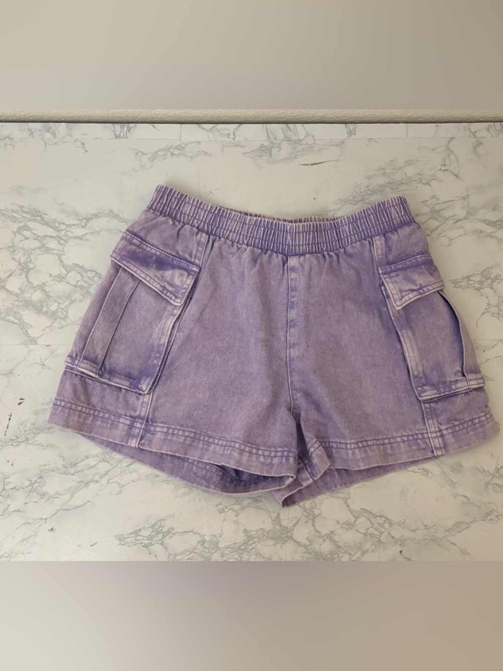 Forever 21 Denim Jean Cargo Shorts Womens S Purple Elastic Waist Pull On
